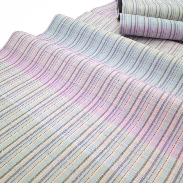 新古品】 袋帯 未使用 紬 正絹 全通 格子 チェック 薄水色 ピンク 薄紫