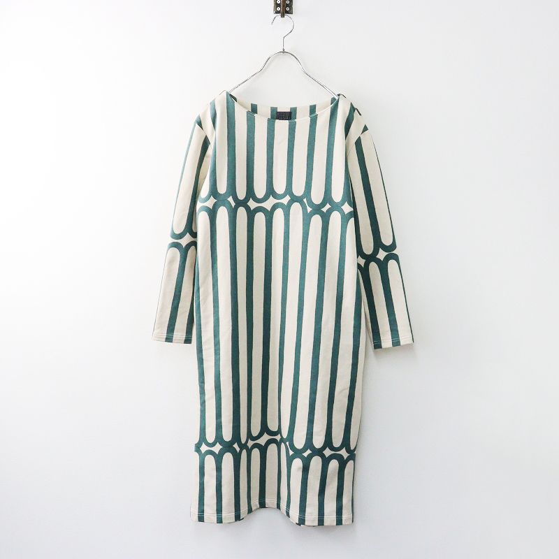 ミナペルホネン mina perhonen finger stripe 裏毛コットンプルオーバーワンピース 38 ベージュ×グリーン┃ 2400014629774