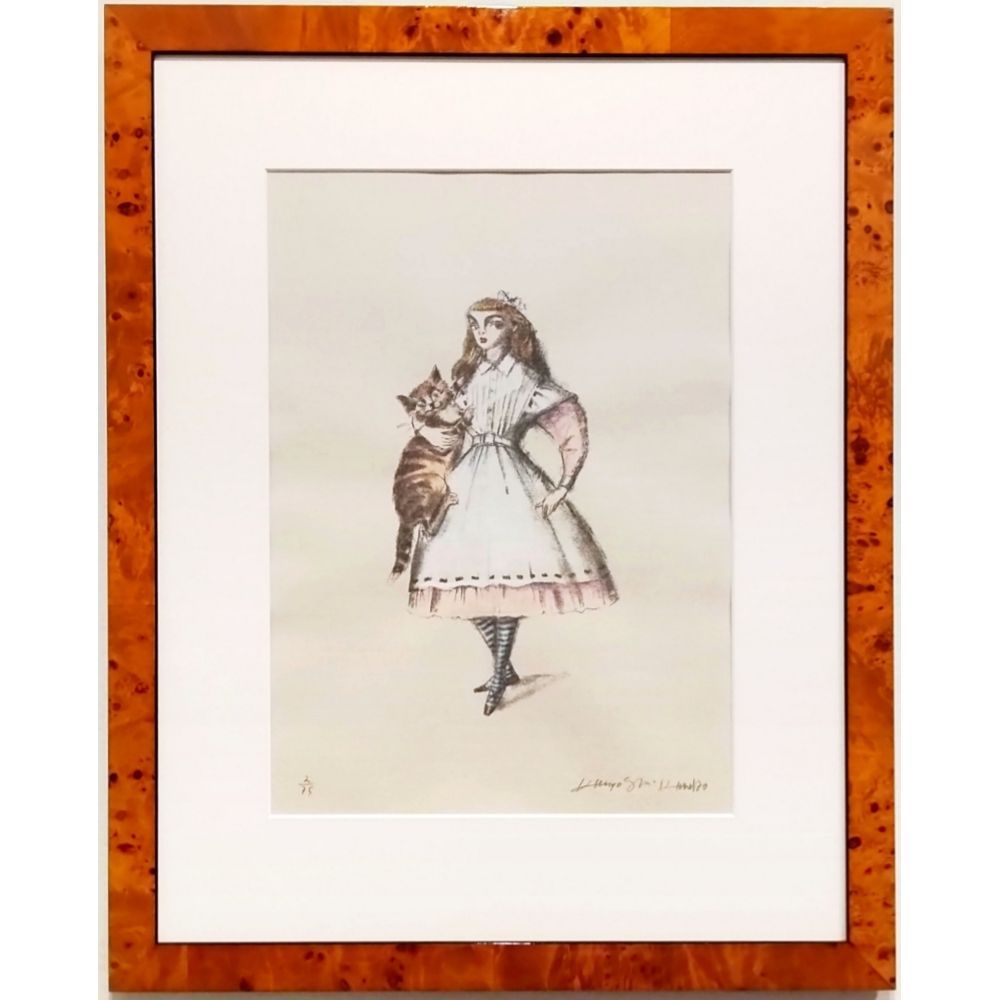 金子國義 猫とアリス リトグラフ 手彩色 75部 直筆サイン 額付 真作保証