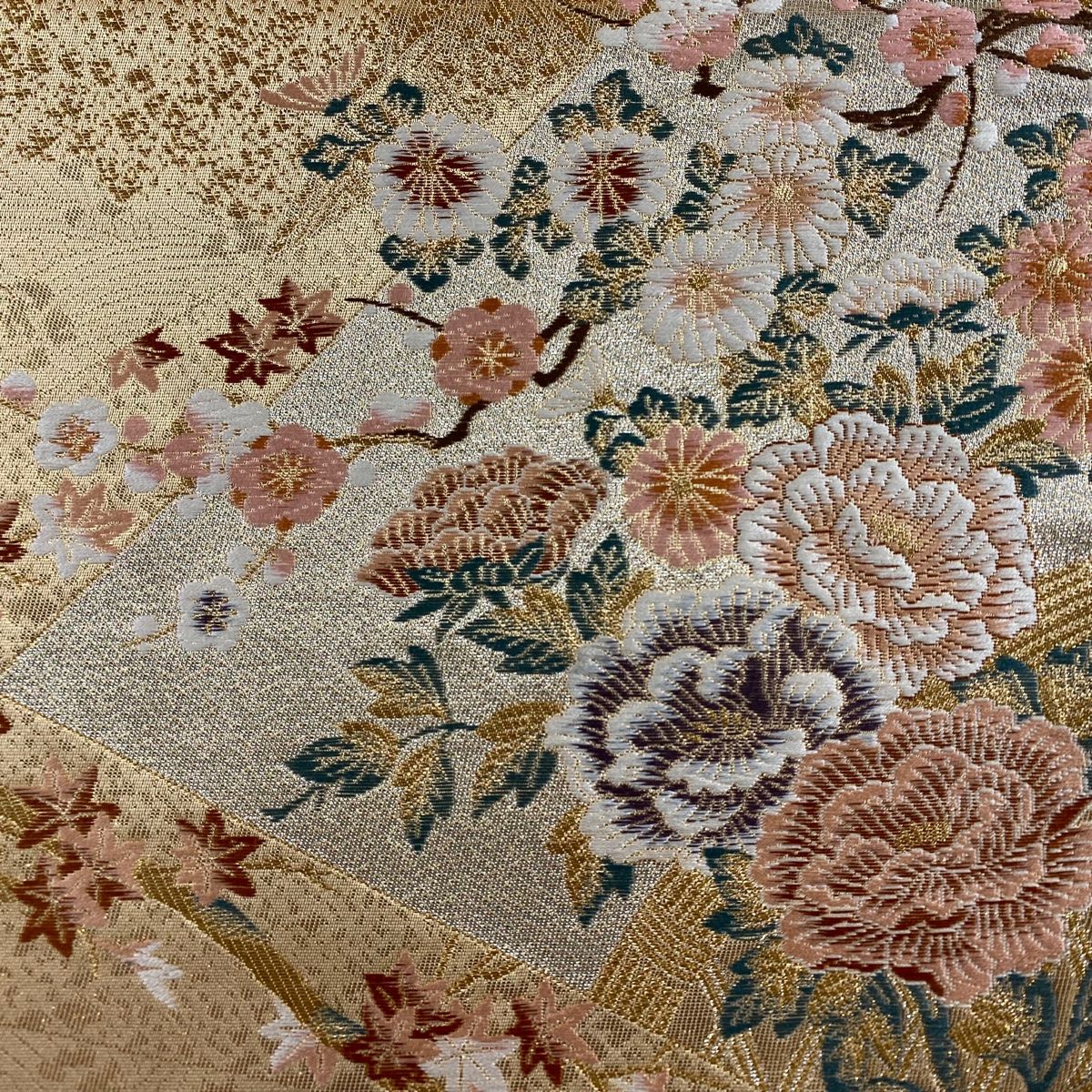 正絹　夏の六通袋帯【花　水流】No2786 袋帯 美品 秀品 草花 流水 箔 ベージュ 六通 正絹 【中古