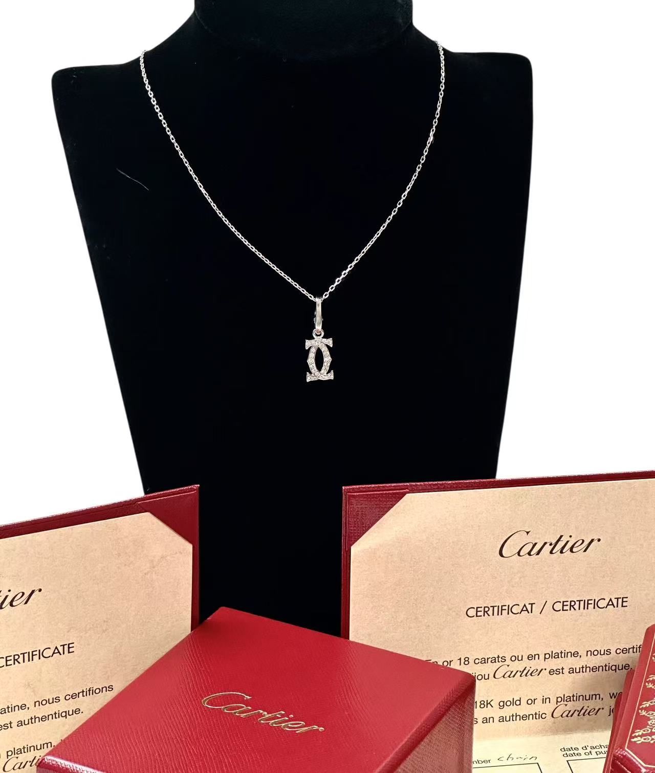 フルセット◆カルティエCartierダイヤ付き2CチァームネックレスK18WGホワイトゴールドダイヤモンドCCペンタントネックレスユニセックス男女