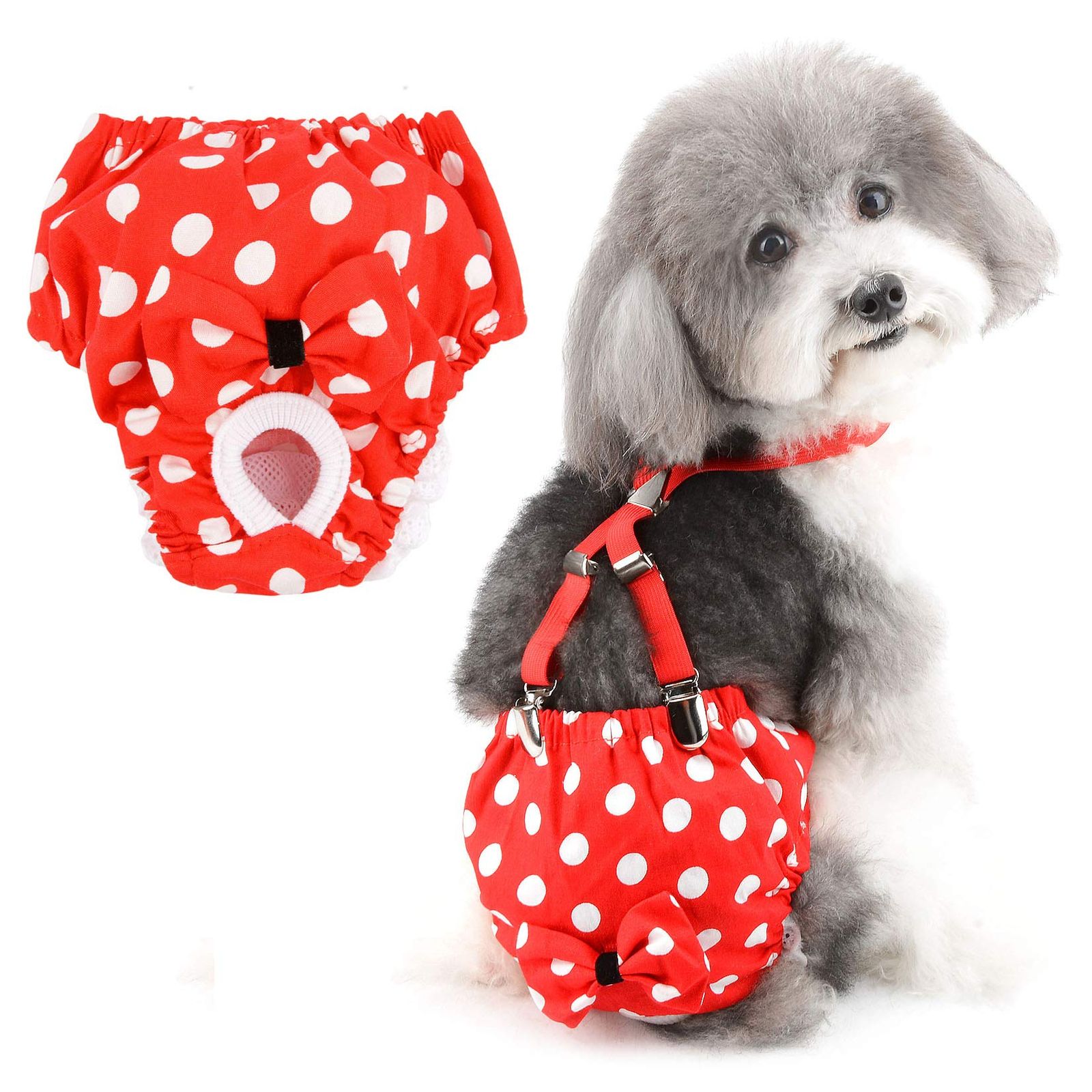 限定SALE，大得価 新品 ZUNEA 犬用 オムツパンツ 女の子 おむつ 小型犬 生理 サニタリーパンツ サスペンダー付き 可愛い 蝶結び付け 水玉柄 月経 生理マナーパンツ メス 柔らかい 発情期用 洗える ペットドッグ 紙おむつ
