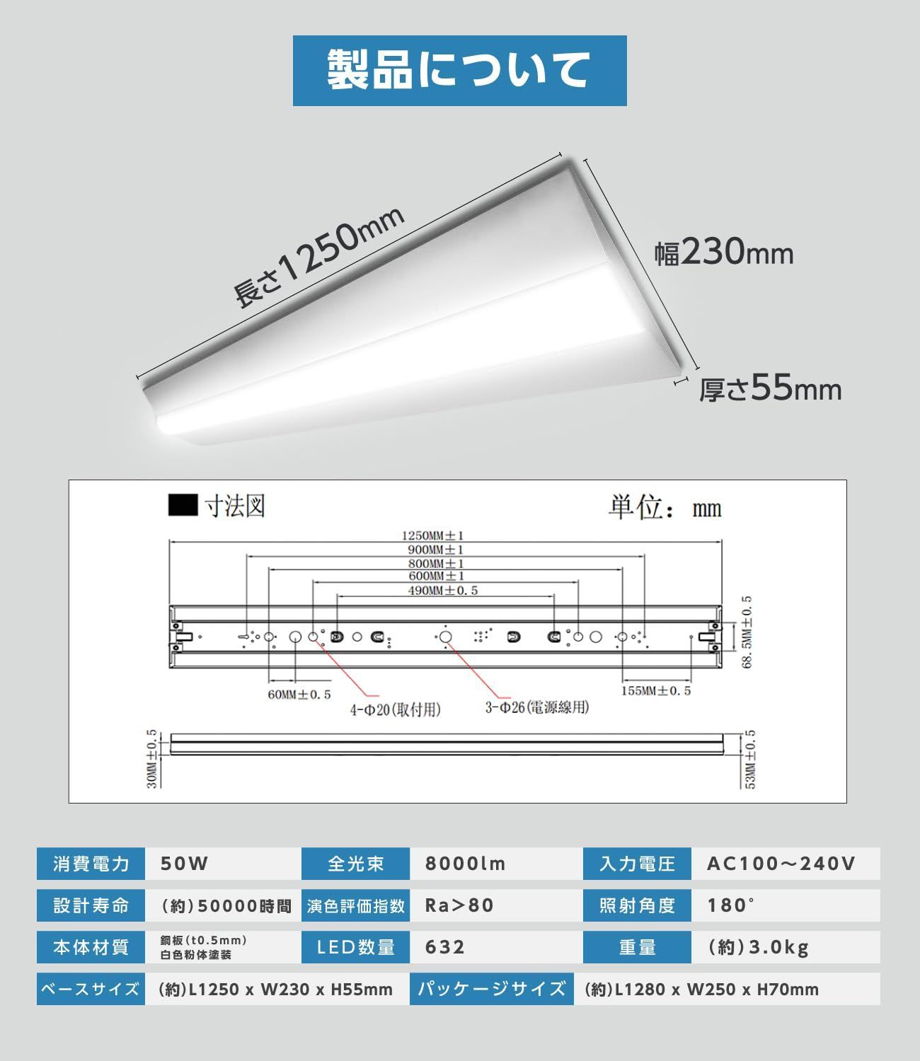 LEDベースライト 直付逆富士 LED直付一体型40形 2灯相当 器具一体型 逆