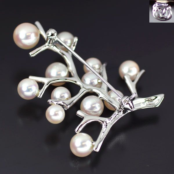 MIKIMOTO アコヤ真珠ブローチ SV ミキモト SV アコヤ真珠 ブローチ 径約3.8-5.0mm 幸福の木