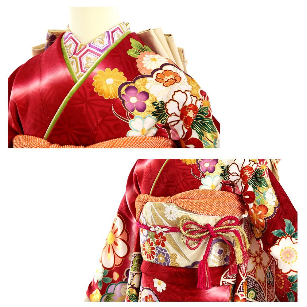 振袖 振袖フルセット 振袖セット 振袖 赤 古典柄 雲取り 7点フルセット レディース Lサイズ WA-F-27