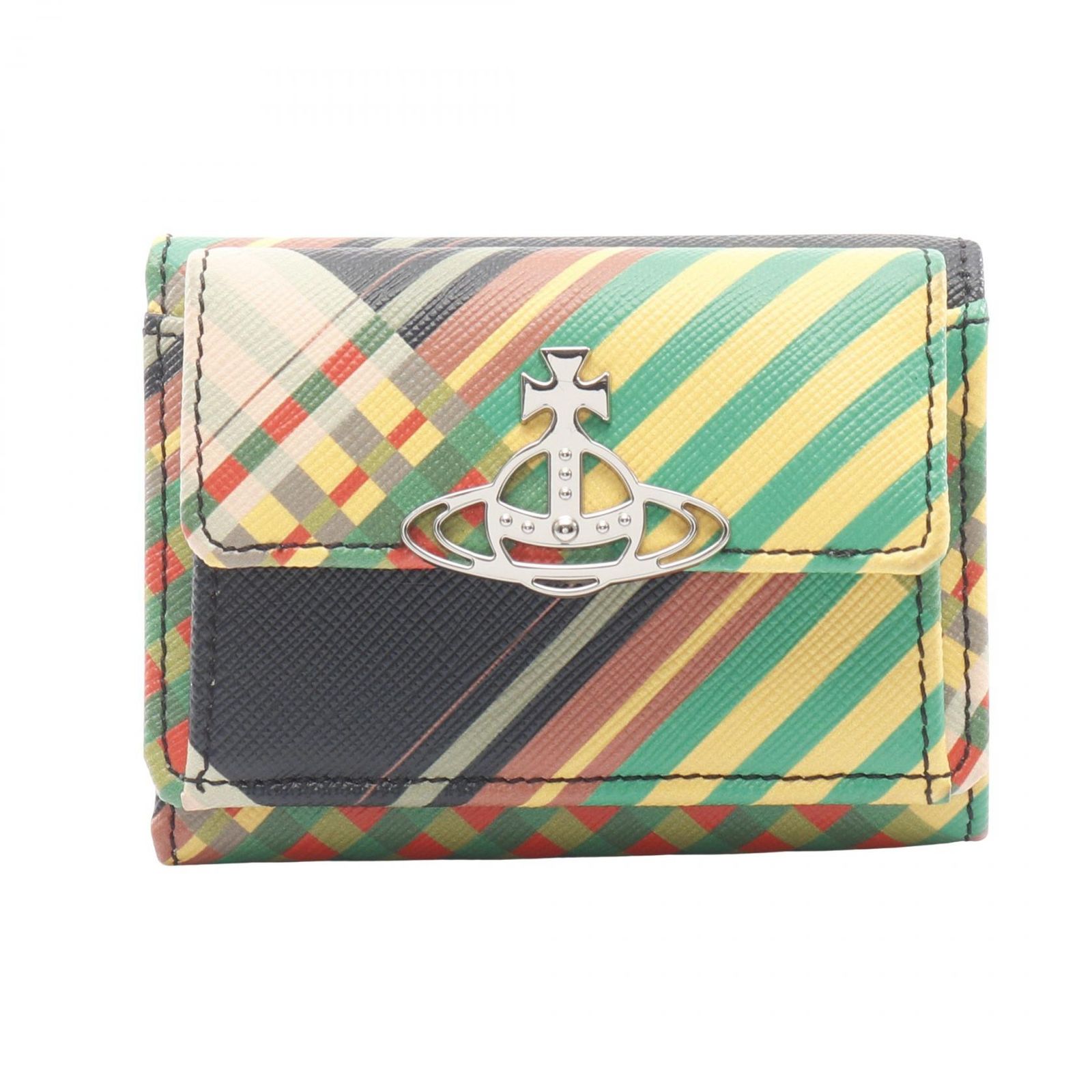 ヴィヴィアンウエストウッド Vivienne Westwood 三つ折り財布 SAFF PRINT SMALL FLAP PURSE オーブ コンバットタータン レザー ウォレット レディース Used A