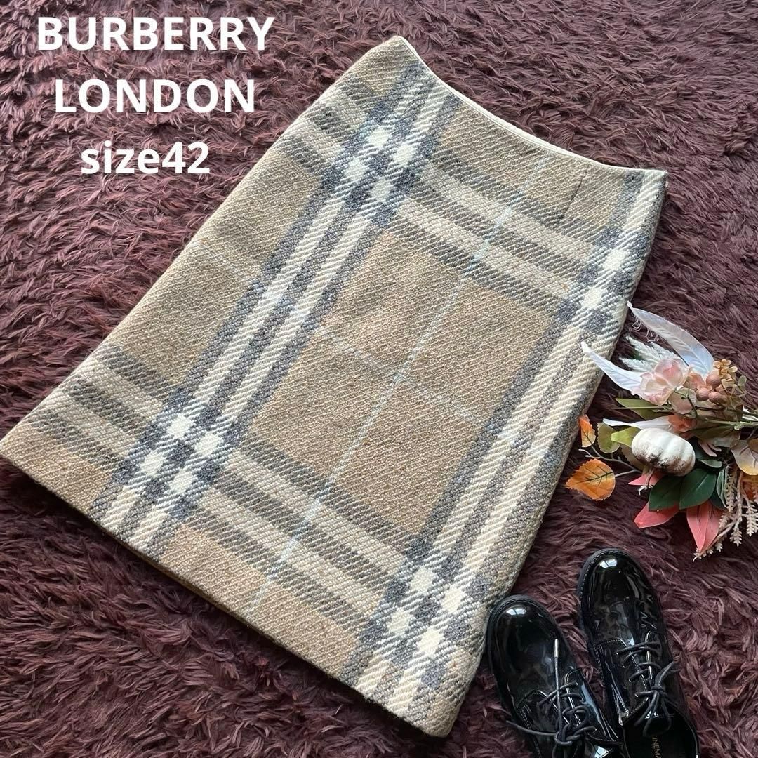 BURBERRY LONDON バーバリー メガチェックロングスカート ウール ツイード 大きいサイズ 42 ベージュ バーバリーチェック ノバチェック