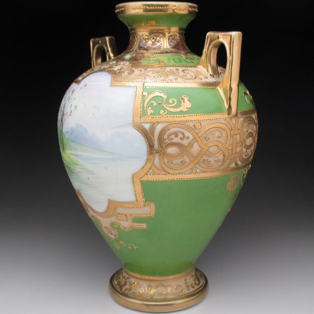 オールドノリタケ グリーン地金盛りジュール湖畔風景絵 花瓶 20cm