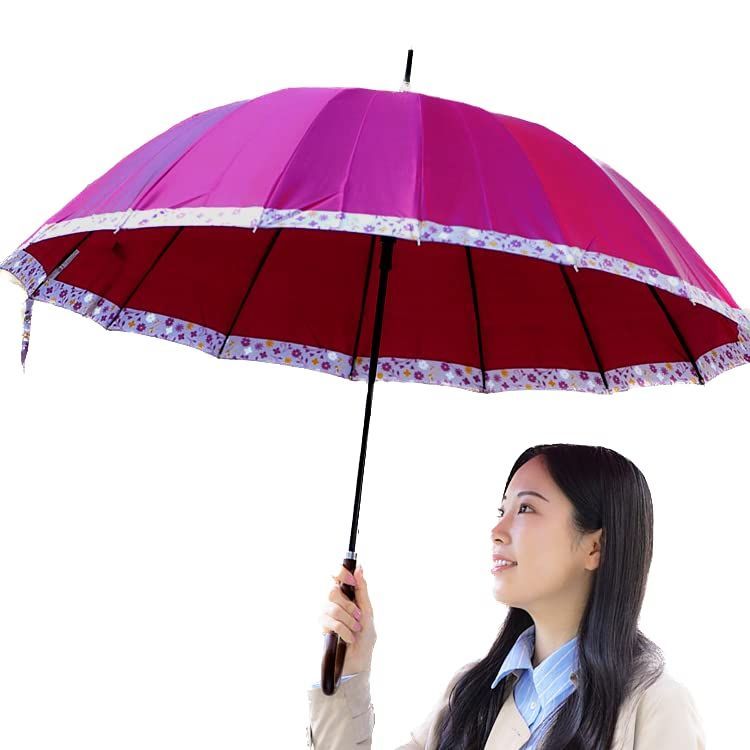 Color エンジレッド オカモト原宿店 雨傘 裾花柄 グラスファイバー骨|軽量 エンジレッド サテン地 60cm ジャンプ傘 | 16本骨 風に強い 頑丈