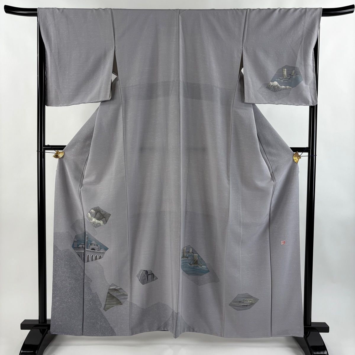 付下げ 身丈162cm 裄丈66cm M 袷 落款 建物 風景 灰紫 正絹 名品