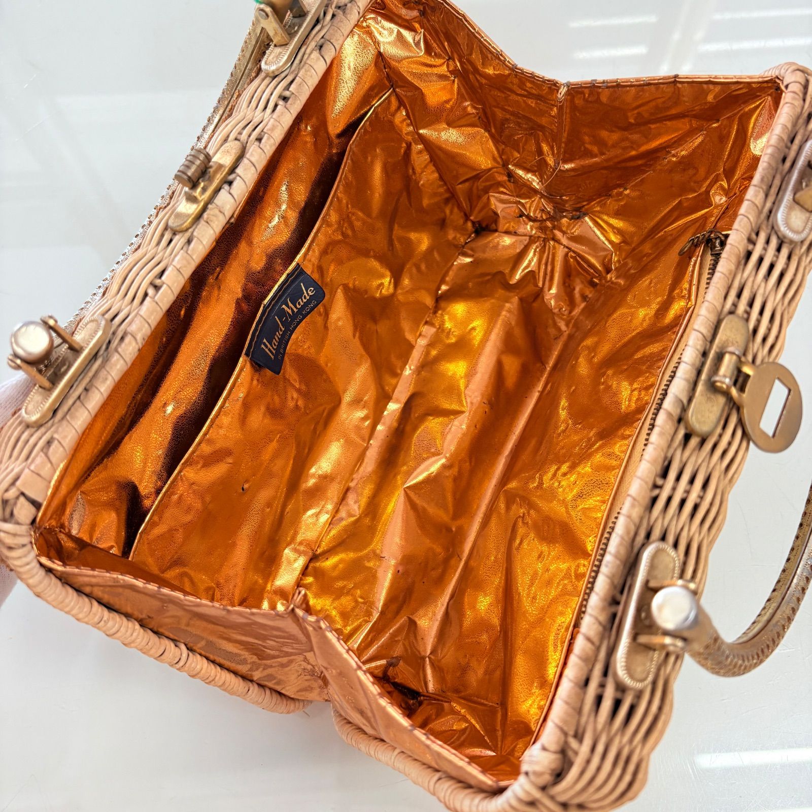 海外アンティークバッグ ビーズ×カゴバッグ がま口 花柄 ハンドバッグ