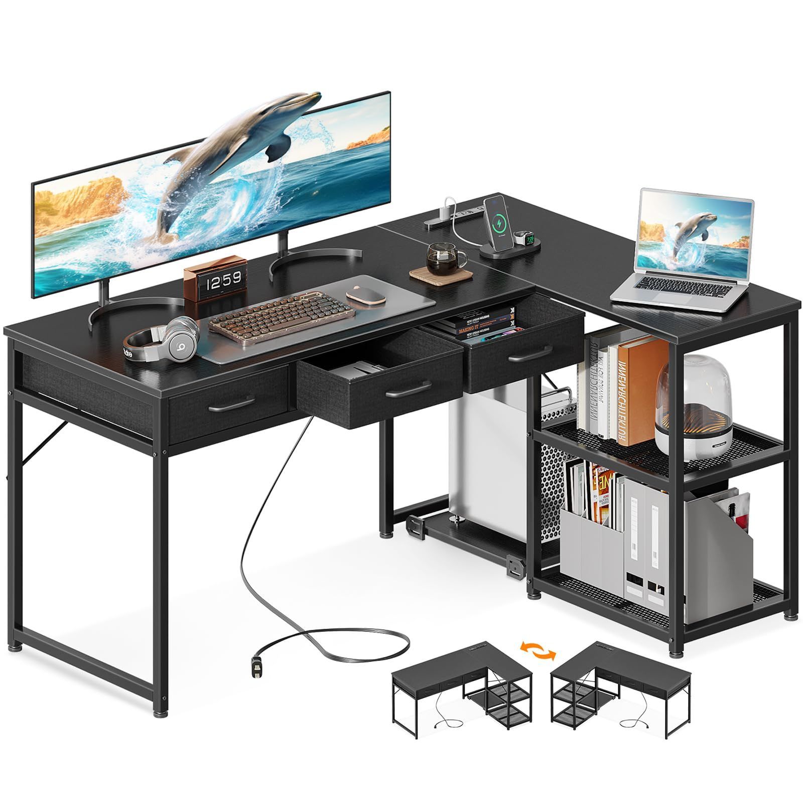 パソコンデスク黒　PC2台棚　左右入替　幅130　引出コンセント　コーナーデスク パソコンデスク黒 PC2台棚 左右入替 幅130 引出コンセント コーナー
