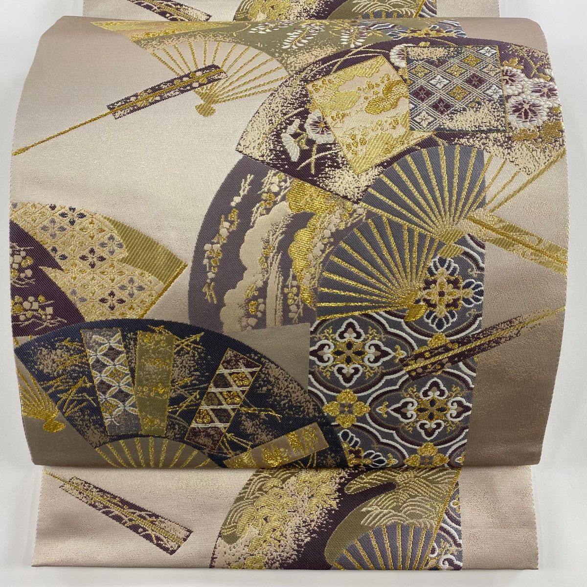 袋帯 秀品 扇 華文 金糸 箔 灰茶 六通 正絹