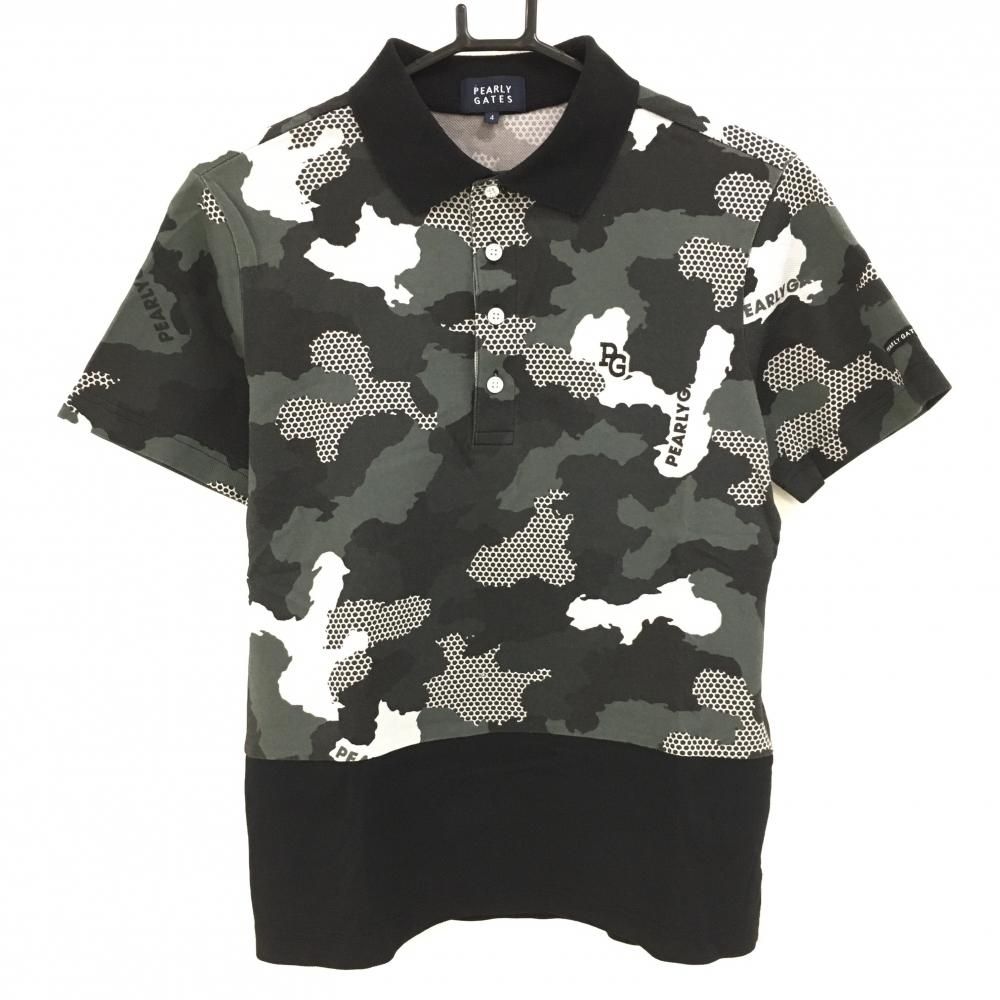 パーリーゲイツ 半袖ポロシャツ 黒×グレー カモフラ柄 迷彩 メンズ 4 M ゴルフウェア PEARLY GATES