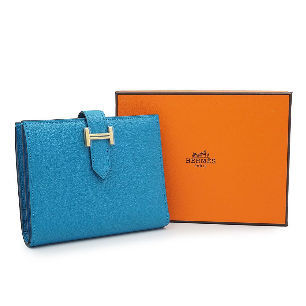 HERMES エルメス ベアン ブルー 青 ゴールド金具 長財布 エルメス