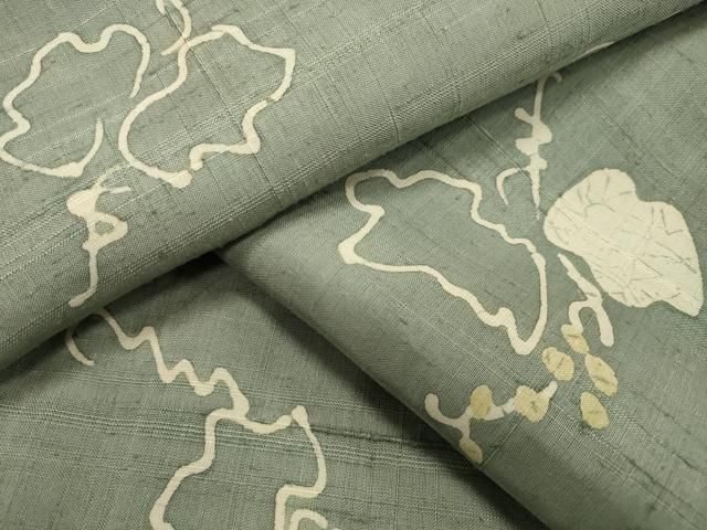 平和屋着物▽生紬 単衣 葡萄蔦の葉文 三越扱い 正絹 逸品 CAAV8951gh  