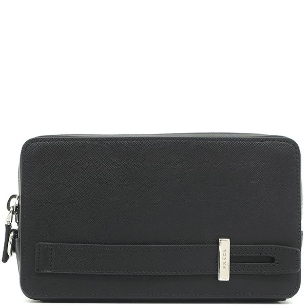 プラダ PRADA ポーチ ロゴ スマホポーチ サフィアーノレザー NERO シルバー金具 クラッチバッグ セカンドバッグ 黒 2ZH064 箱