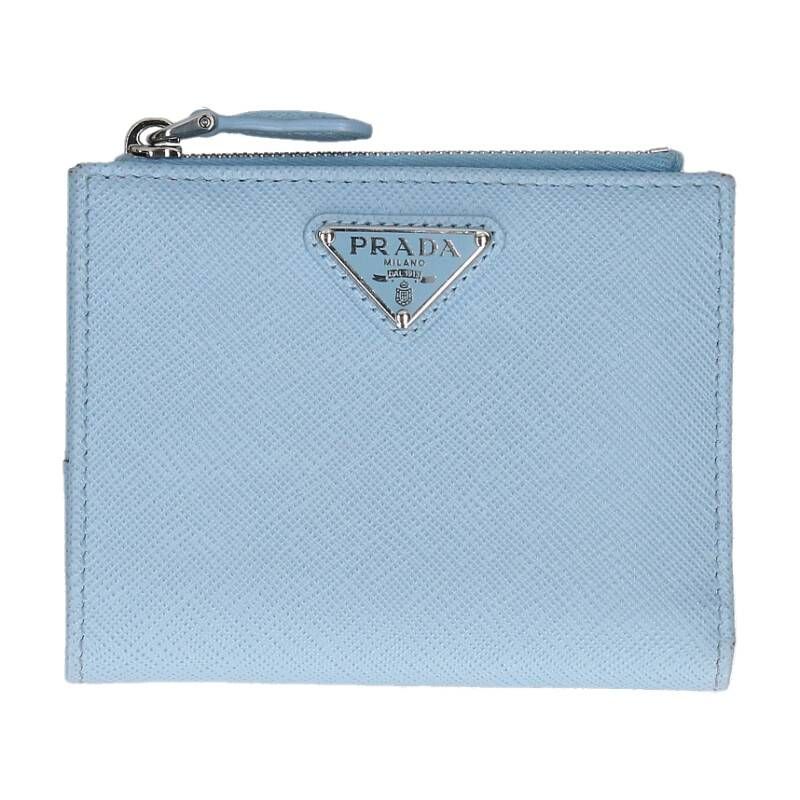 プラダ 二つ折り財布 サフィアーノレザー 三角プレート　ブルーファッション