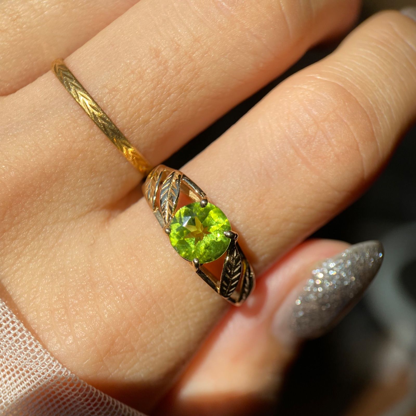 買取店】14K K14 ペリドット リーフ彫金 アンティーク調 レトロ リング  
