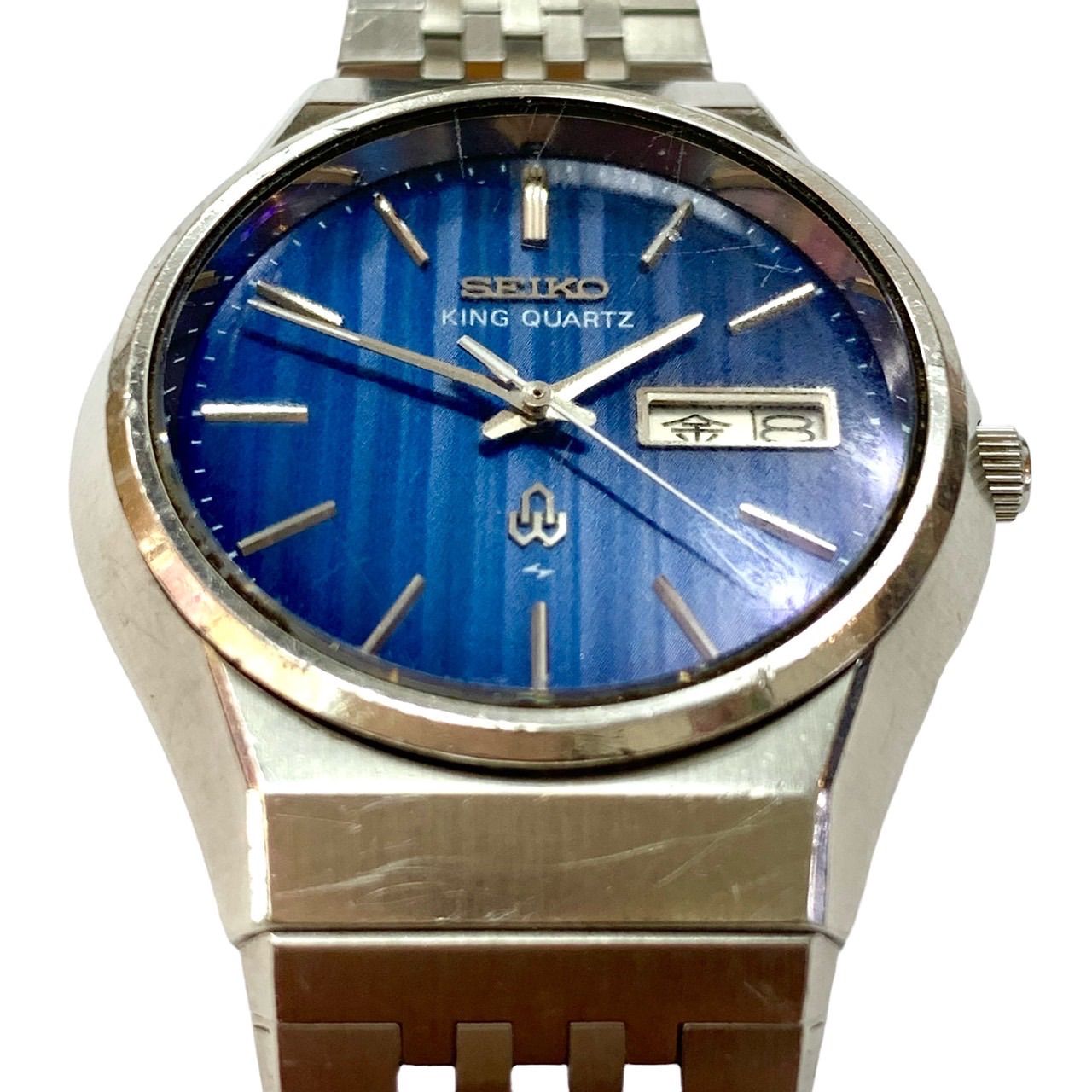 【美品ヴィンテージ⭐️SEIKO KING QUARTZ】 セイコー キングクオーツ 1976年製 ヴィンテージクォーツ　 Ref.0853-8005  精悍な青文字盤　 デイデイトカレンダー　 フリーアジャスト式ベルト （AYA）