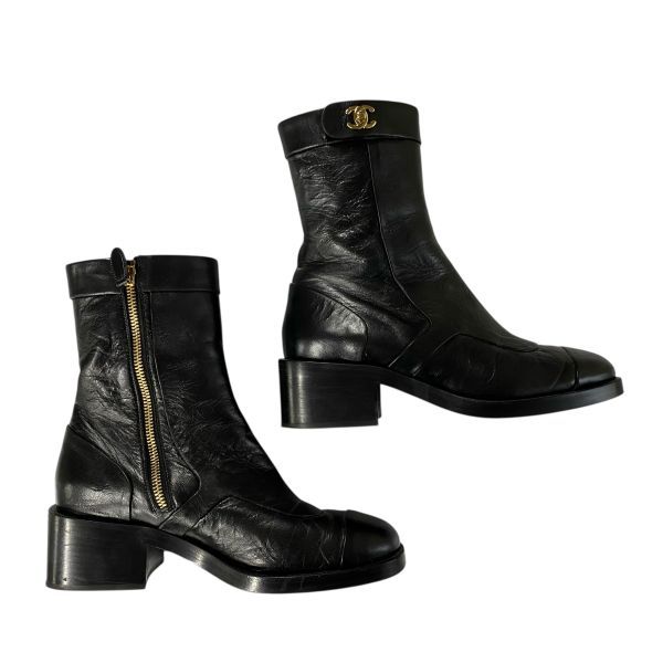 CHANEL ターンロックショートブーツ　36.5 ○ シャネル CHANEL アンクルブーツ ショートブーツ ターンロック ココ