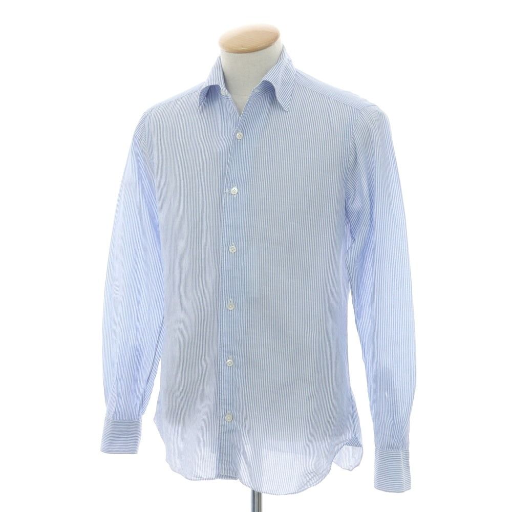【中古】バルバ BARBA CULTO コットンリネン ストライプ セミワイド ワンピースカラー カジュアルシャツ ブルーxホワイト【サイズ38】【メンズ】