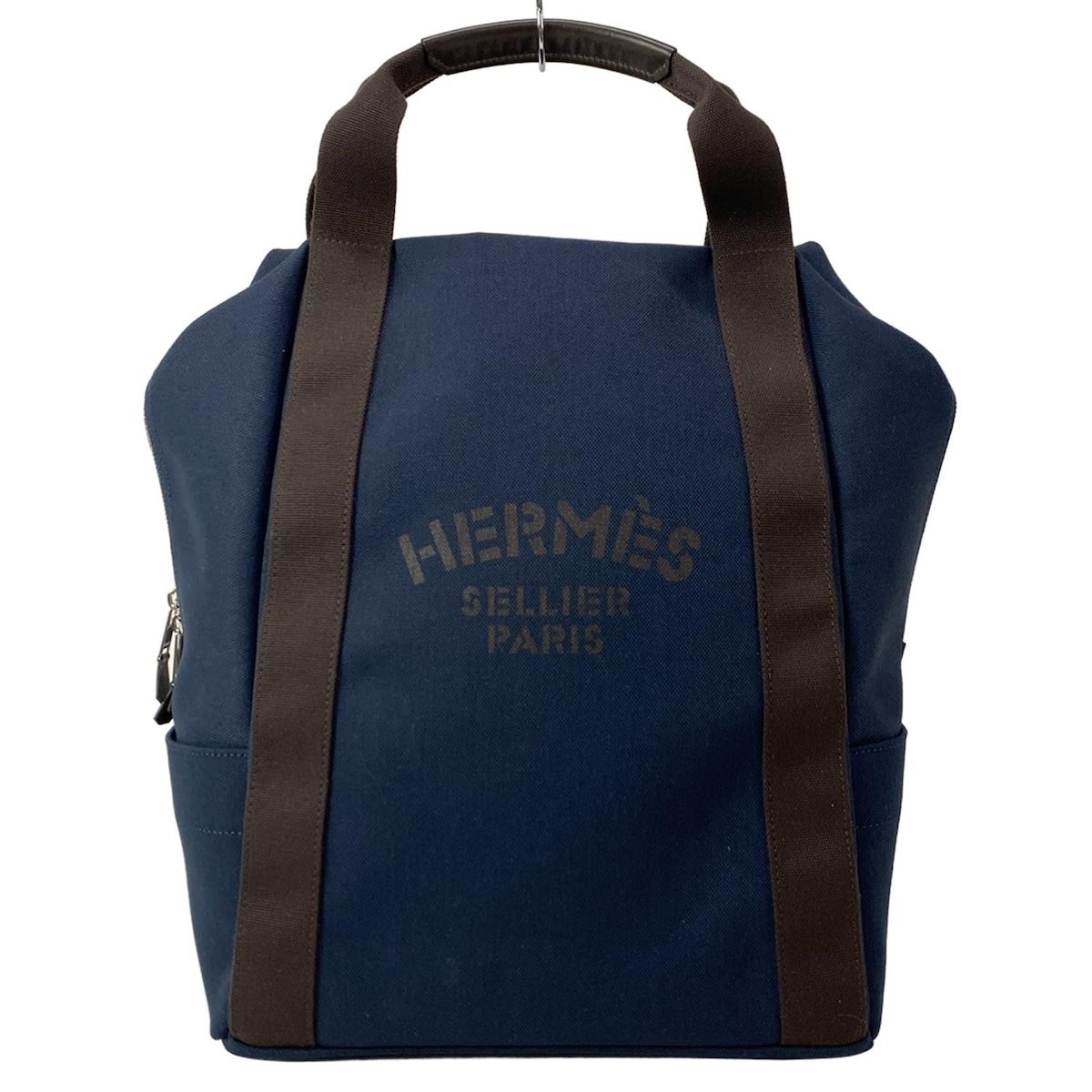 HERMES エルメス リュックサック サックドパンサージュ グルームバックパック H800642EK ネイビー×ダークブラウン シルバー金具 コットン