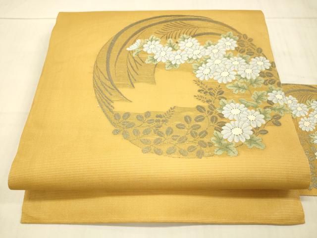 平和屋着物＊夏物　九寸名古屋帯　草花文　萩　芒　菊　銀糸　正絹　逸品　DAAW1944cm 平和屋着物＊夏物 九寸名古屋帯 草花文 萩 芒 菊 銀糸 正絹
