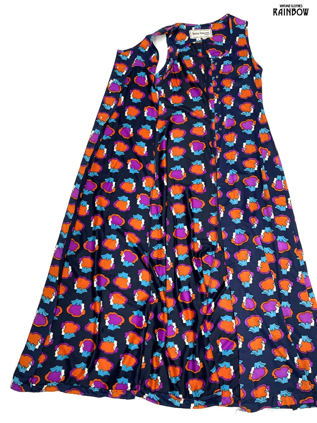 古着 Young Innocent 前開き 総柄 ロング丈 ノースリーブ アウター 羽織り 紺 ttu2509082