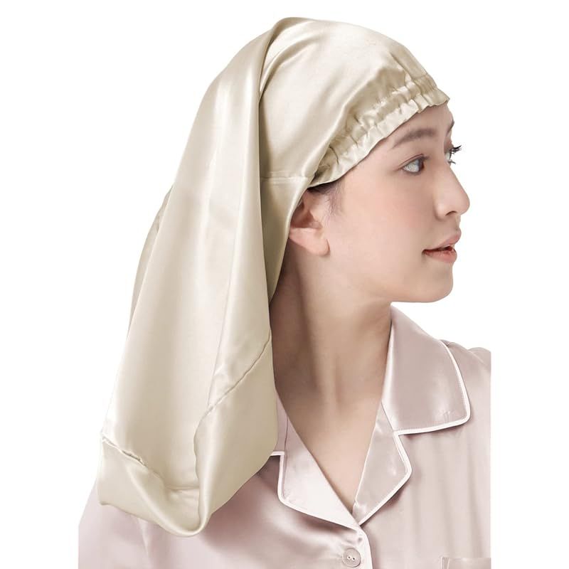 [SEAWIND] シルク ナイトキャップ ロングヘア用 22匁 ないときゃっぷ シルクキャップ 天然シルク うるつや美髪 (JP， アルファベット， M， Free Size， ゴールドアッシュ)