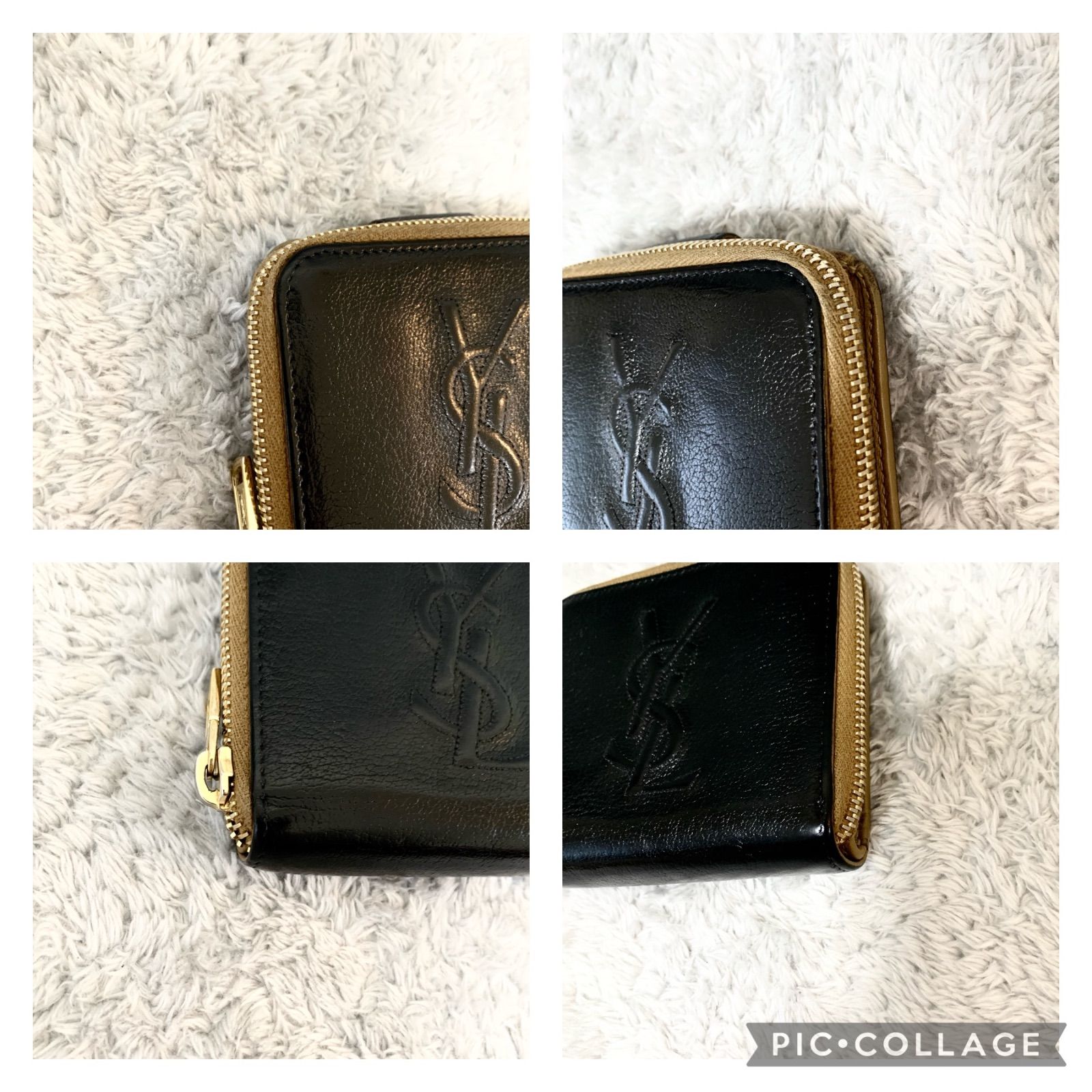 美品】サンローラン 二つ折り財布 YSL ゴールド金具 ロゴ型押し 黒  