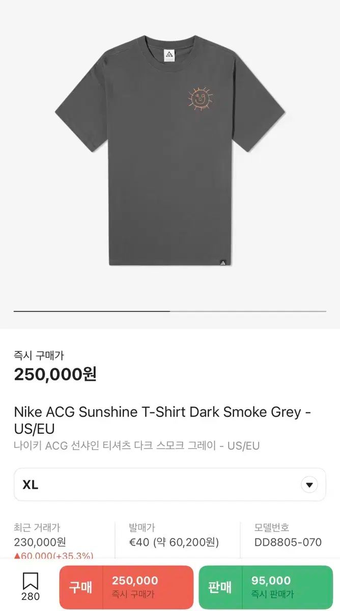 【雷市場（ポンジャン）商品韓国直送】 Nike(ナイキ） ACG 日光 Tシャツ ダーク スモーク グレー