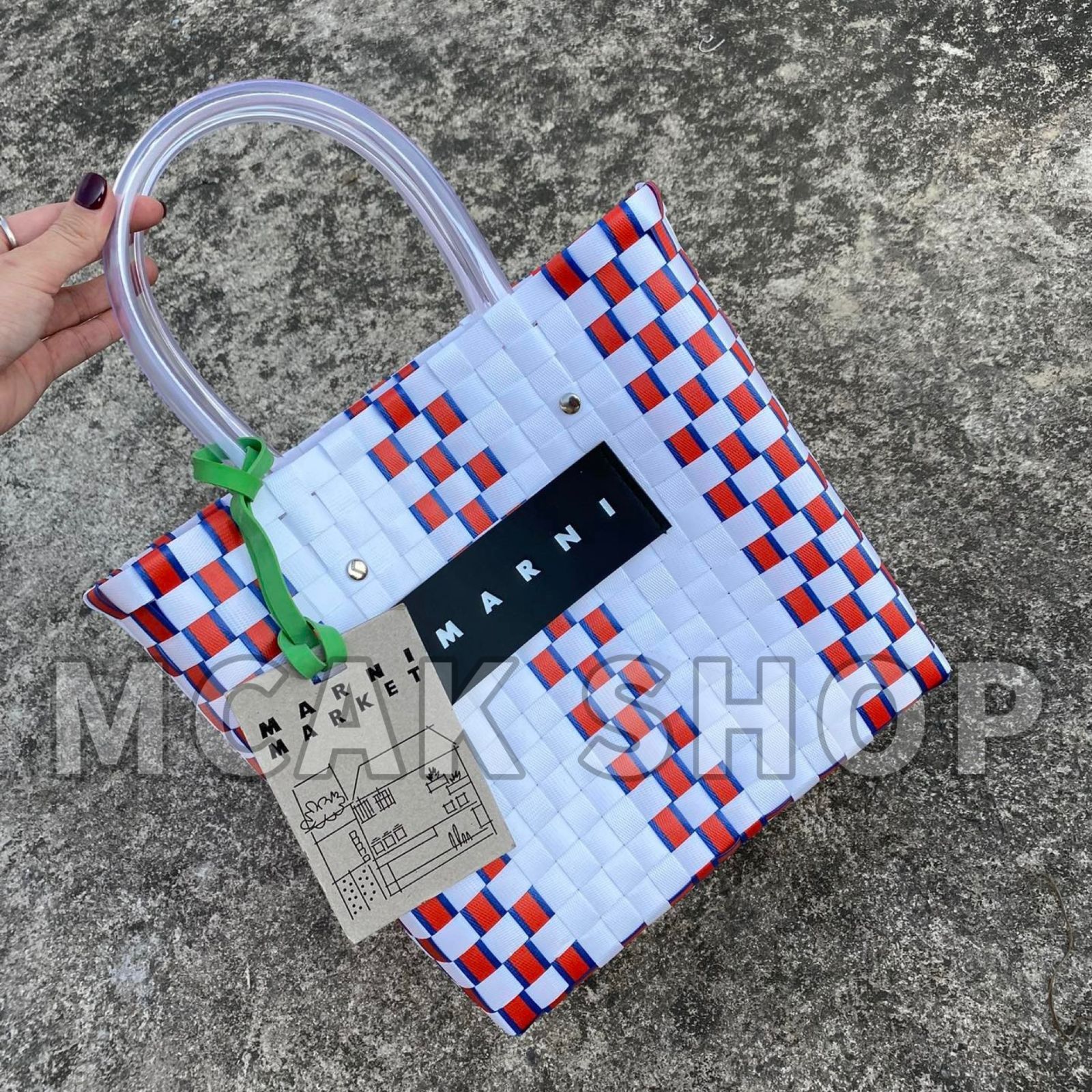 美品 MARNI MARKET マルニマーケット ファッション レディース バッグ ハンドバッグ ピクニックバッグ かごバッグ レッド×ホワイト