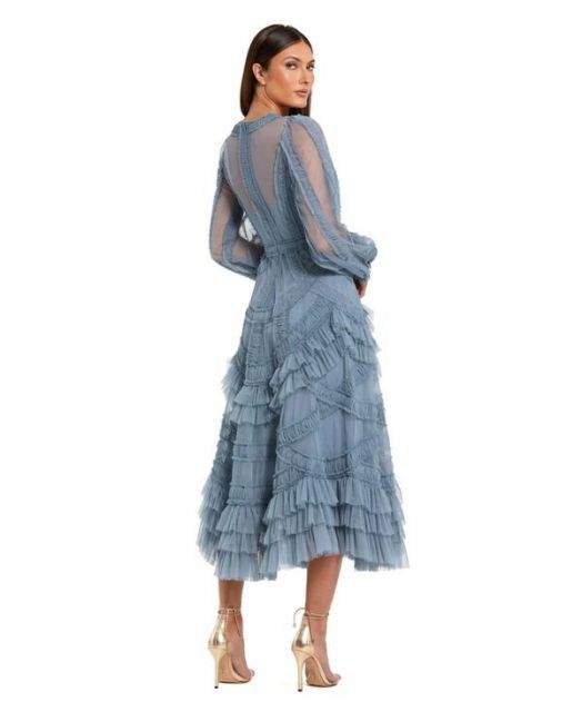 マックダガル レディース ワンピース トップス Women s Long Sleeve V Neck Mesh Micro Ruffle Midi Dress Slate blue