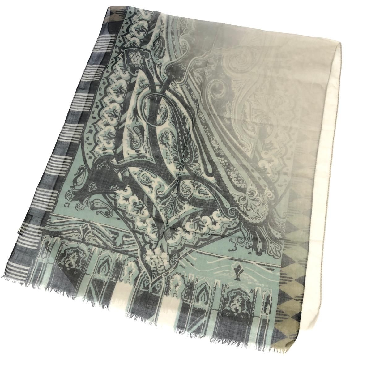 【美品 イタリア製 リネン100% 大判】エトロ　ストール　ペイズリー ETRO エトロ ストール ペイズリー柄 リネン使い カーキ