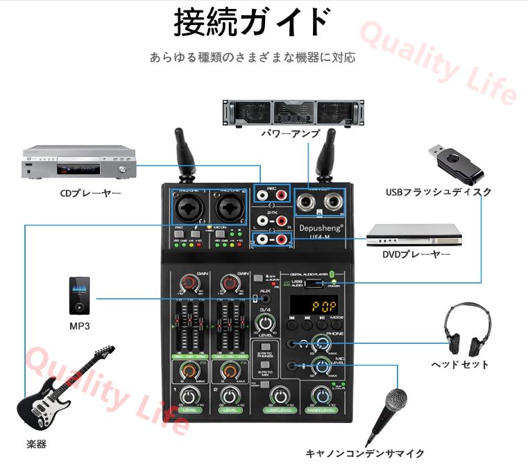 Studioオーディオサウンドミキサーボード-4チャンネルBluetooth互換プロフェッショナルポータブルデジタルDJミキシングコンソール ワイヤレスマイク付き