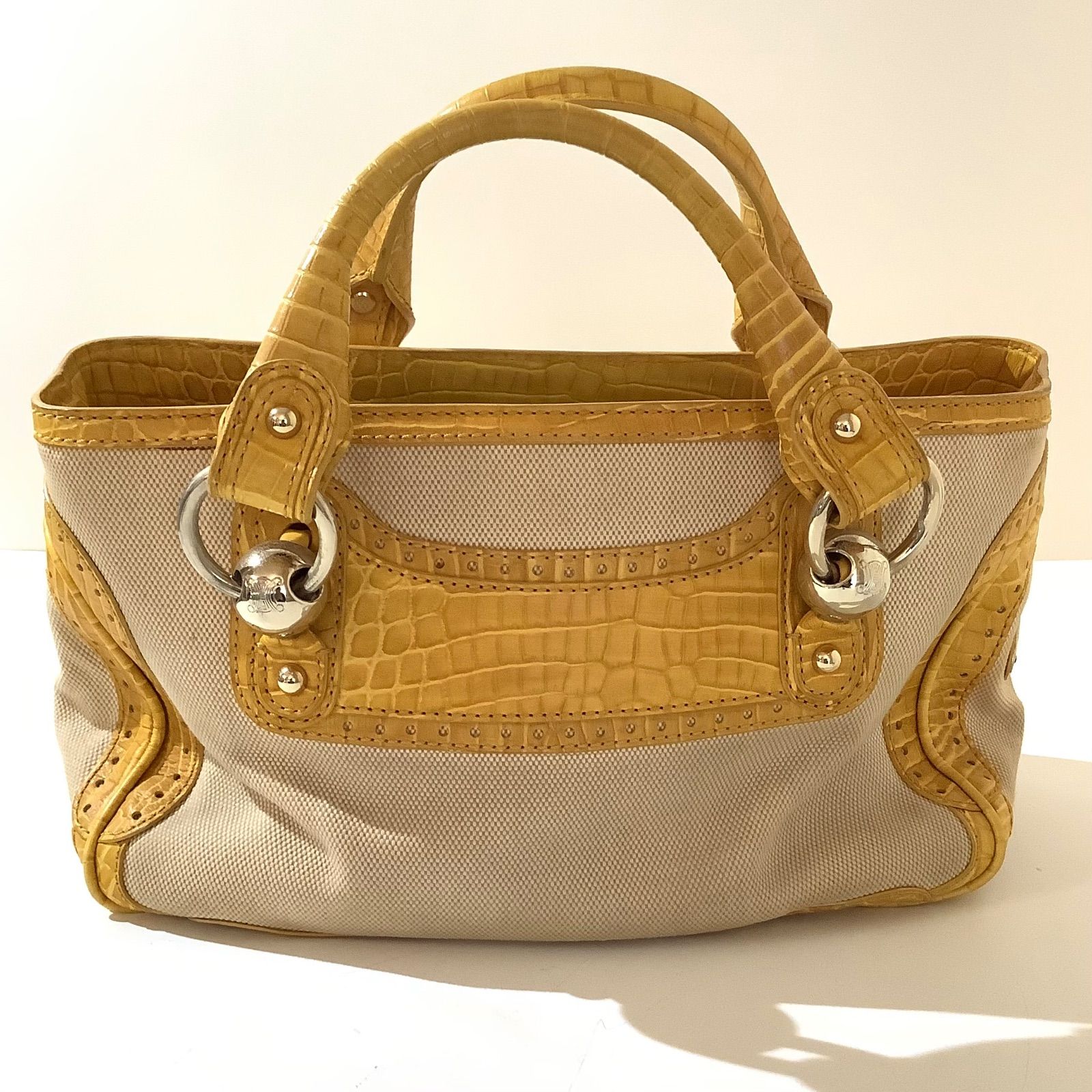 ★希少★CELINE セリーヌ ハンドバッグ マカダム スウェード レザー 黄色 5he5749】セリーヌ ハンドバッグ マカダム PVC ベージュ