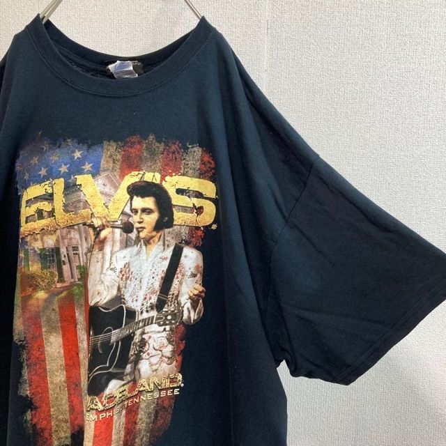 エルヴィスプレスリー 半袖Tシャツ グレイスランド バンT 夏物古着l19① ELVIS PRESLEY (エルビスプレスリー) 90ｓプリントTシャツ ブラック サイズ:2XL