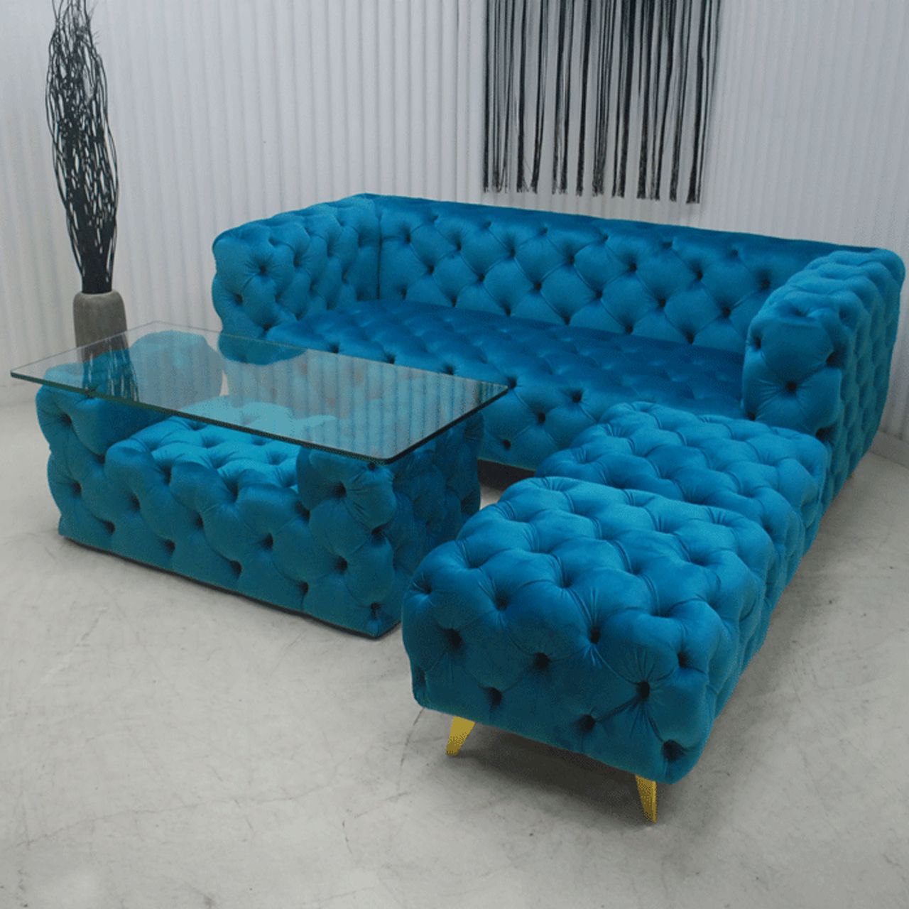 ラグジュアリー3Pソファー4点セット ブルー