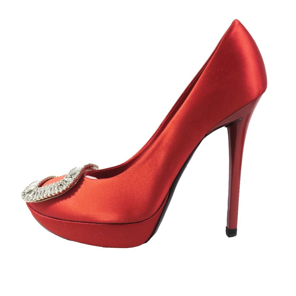 Roger Vivier ロジェヴィヴィエ クリスタル ビジュー スクエアバックル パンプス ハイヒール シューズ 靴 サテン レッド 36 レディース 古着