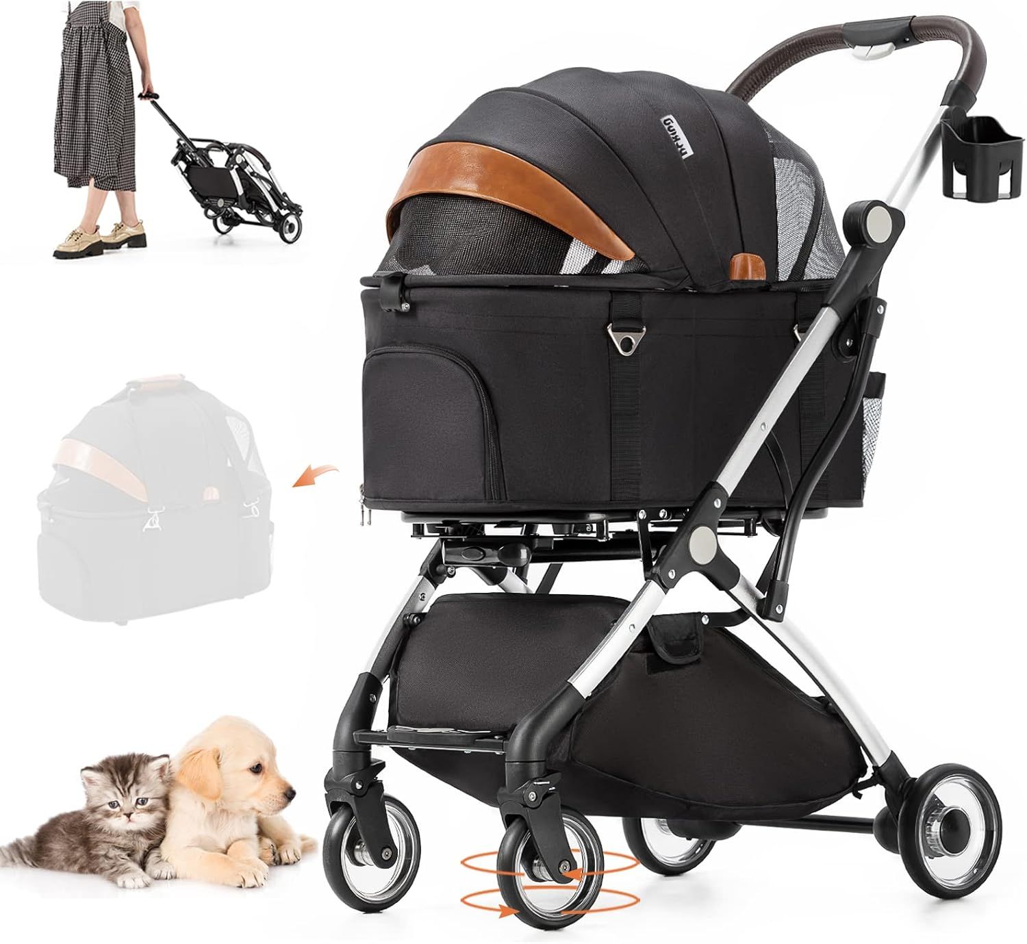 HRking.HANRAY 分離型 折りたたみ ペットカート 3wayモデル 対面式 4輪 犬用ベビーカー 前輪360回転 後輪ブレーキ付 猫犬兼用 多機能 多頭用 介護用 ペットバギー 組み立て簡単 耐荷重15KG (ブラック
