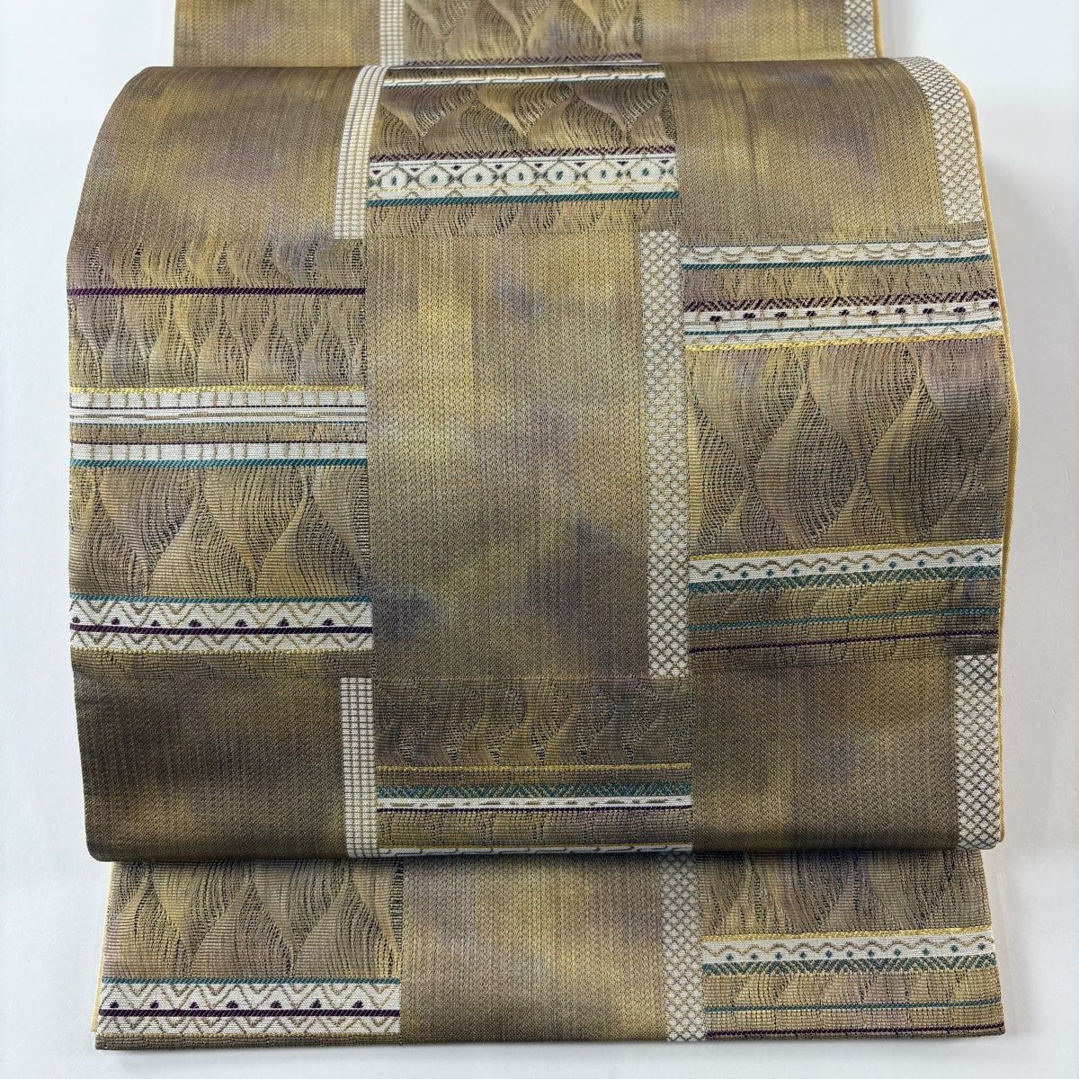 袋帯 秀品 やまと 縞 幾何学 金糸 箔 茶緑色 六通 正絹