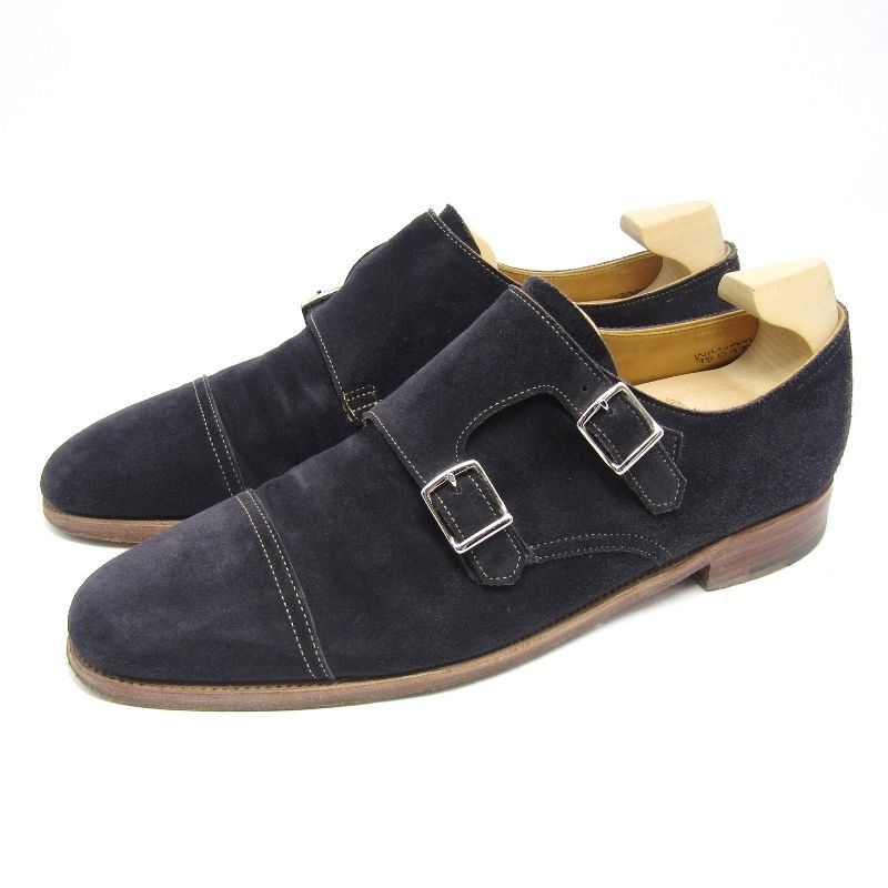 JOHN LOBB ジョンロブ UK7.5D ダブルモンクストラップ WILLIAM スエード ウィリアム レザーソール ビジネスシューズ ネイビー 35004830