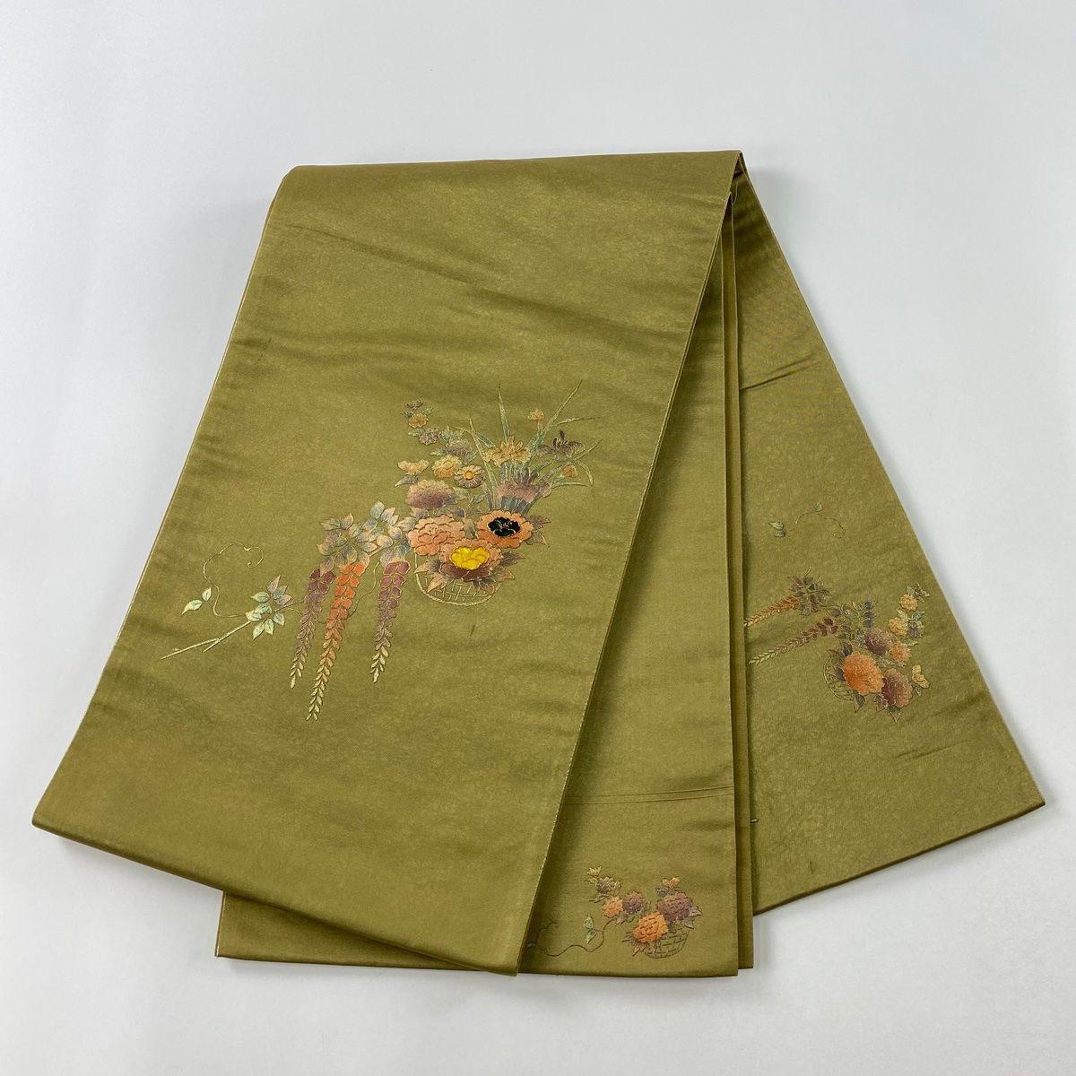 袋帯 美品 秀品 華文 尾長鳥 金糸 箔 ベージュ 六通 正絹 【中古