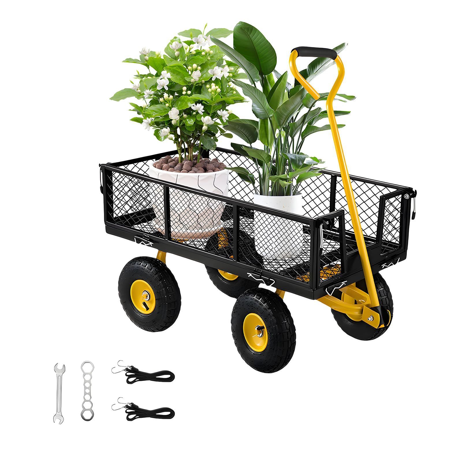 大 畑作業 キャンプ 土 ガーデン 砂 取り外し な側面 キャリーワゴン 倉庫 キャンプカー 手押し 家庭用 鋼製 エア注入式滑り止めタイヤ 引越し 多機能農業用スチールメッシュカート 買い物 手引き台車 運搬車 持ち運び便利 カゴ付き 耐荷重 27