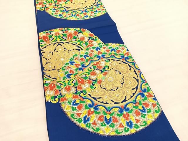 アイボリー 正絹(一部銀糸) 花唐草に丸文 古典文様 六通柄 袋帯 美品 平和屋着物◎六通柄袋帯 唐織 飾花丸文 金糸 正絹 逸品 未使用