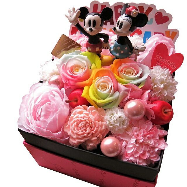 プリザーブドフラワー ディズニー ミッキー ミニー 花束風 ギフト 箱開けてスマイル ボックス入り レインボーローズ ギフト
