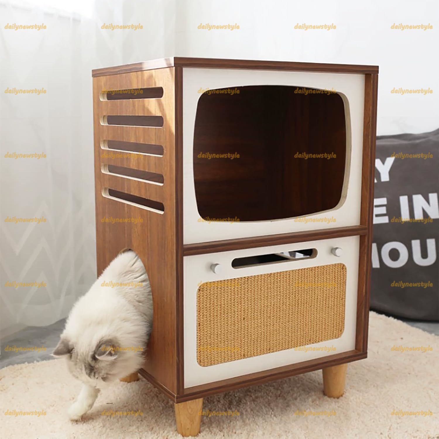人気推薦◆猫ハウス 2 in 1木製コンドミニアム屋内猫 家具 子猫シェルターロッジ用2段 ベッドサイド猫キャビネット レトロテレビス