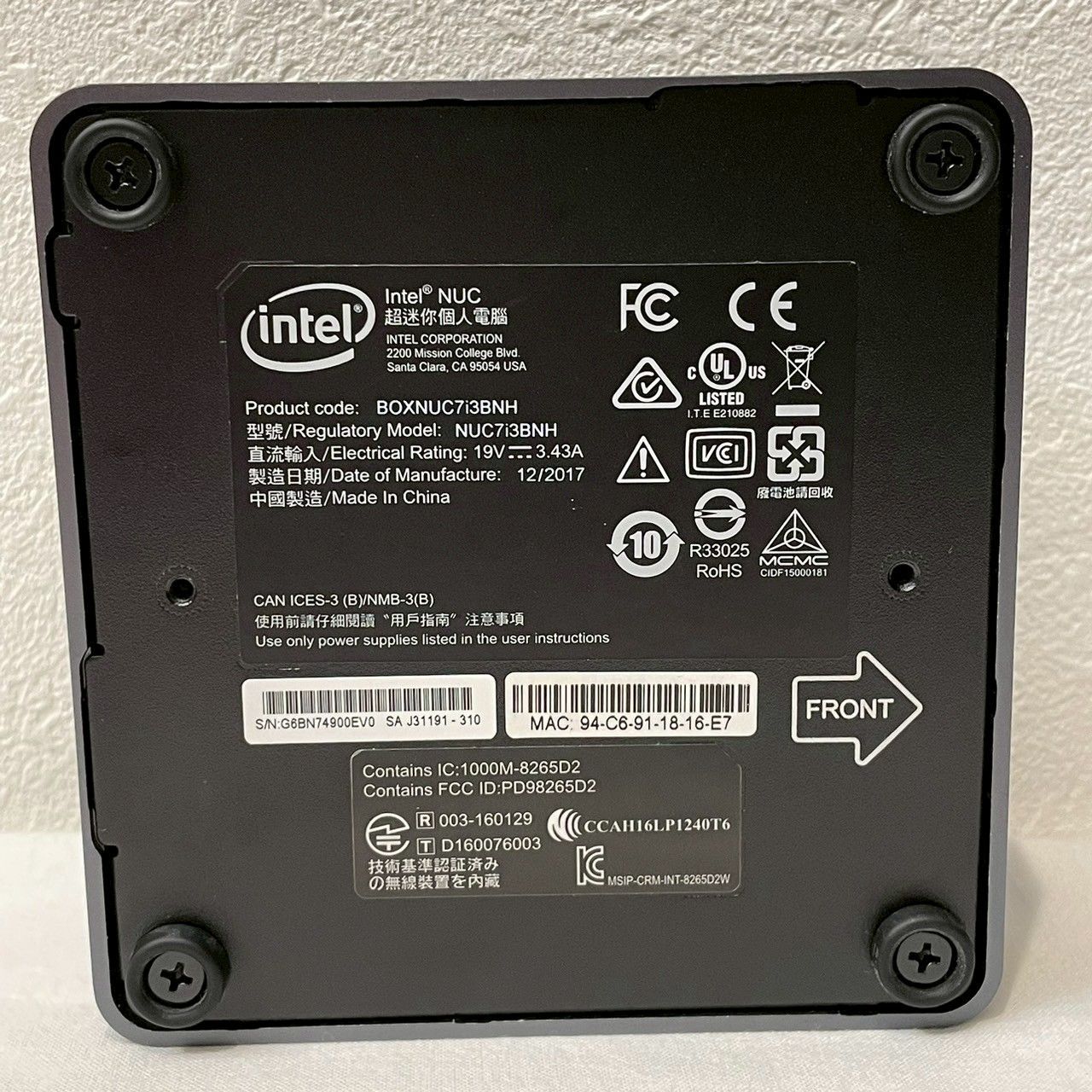 動作品 Intel|NUC|NUC7i3BNH|ミニPC|本体|ACアダプタ|i3搭載|No.3576