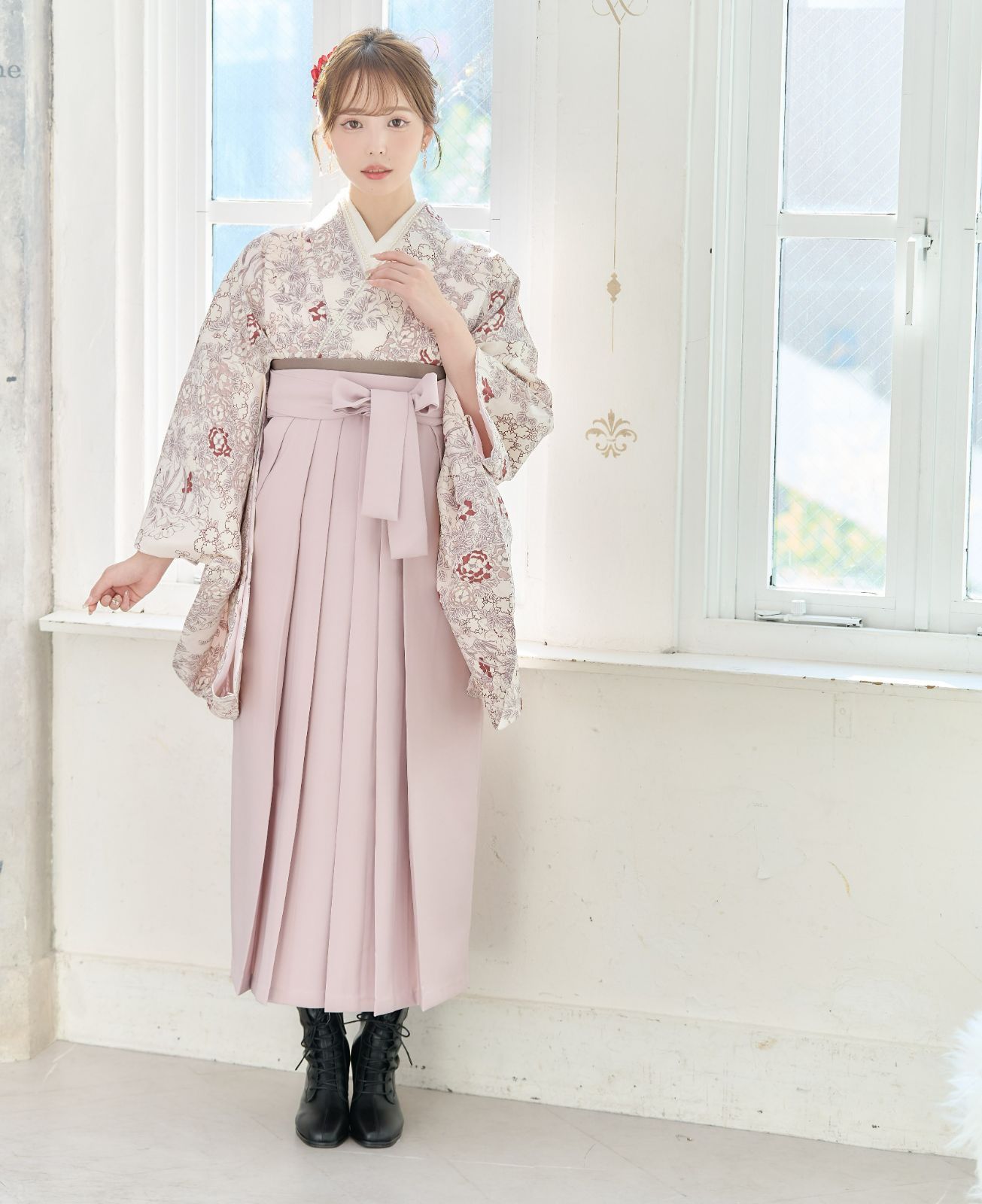 袴3点セット 卒業式 小学生 から 大学生 SS S M L LL 卒業式 謝恩会 くすみ ピンク 白地 清楚 二尺袖着物 下帯 袴 はかま 華やか かわいい 袴セット 袴 セット 4LPK